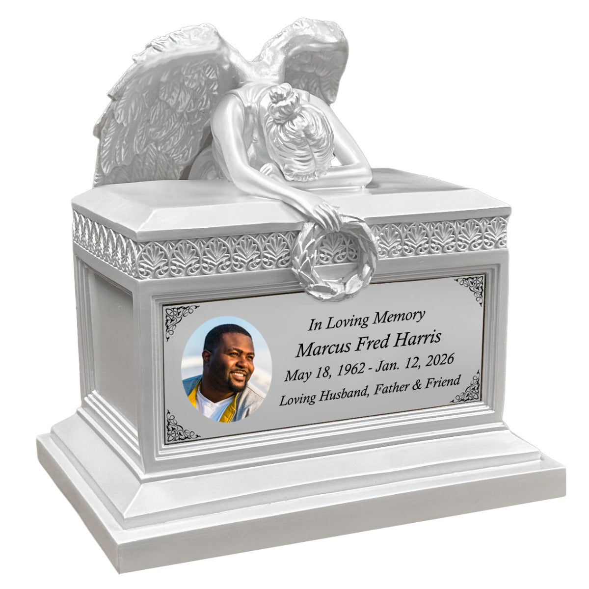 Weeping Angel Photo Pearl White Adult Cremation Urn - Custom Plate and Wings - Beautiful Mourning Angel