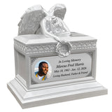 Weeping Angel Photo Pearl White Adult Cremation Urn - Custom Plate and Wings - Beautiful Mourning Angel