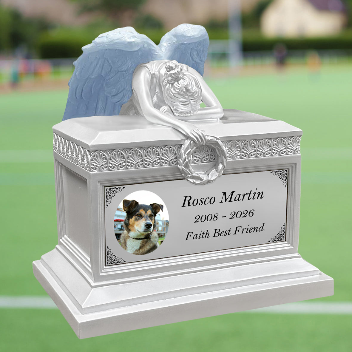 Weeping Angel Pearl White Photo Pet Cremation Urn - Custom Wings & Plate Engraving - Beautiful Mourning Angel