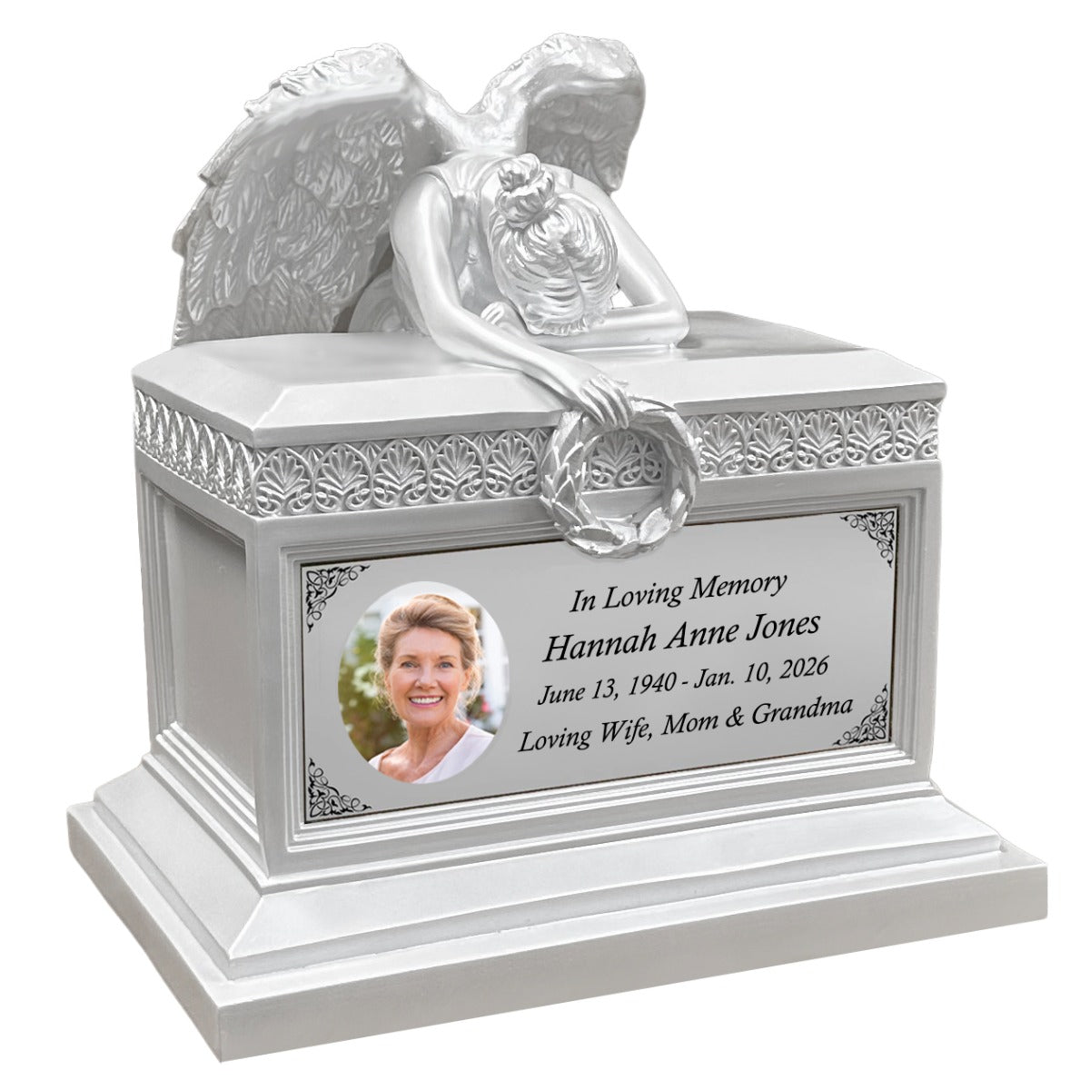 Weeping Angel Photo Pearl White Adult Cremation Urn - Custom Plate and Wings - Beautiful Mourning Angel