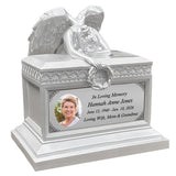 Weeping Angel Photo Pearl White Adult Cremation Urn - Custom Plate and Wings - Beautiful Mourning Angel