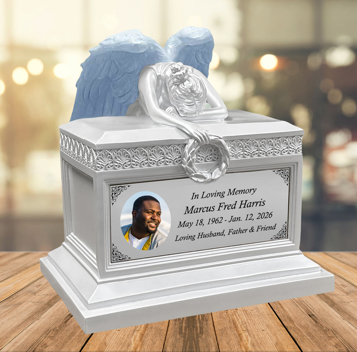Weeping Angel Photo Pearl White Adult Cremation Urn - Custom Plate and Wings - Beautiful Mourning Angel