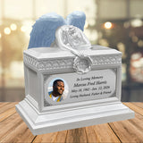 Weeping Angel Photo Pearl White Adult Cremation Urn - Custom Plate and Wings - Beautiful Mourning Angel