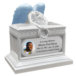 Weeping Angel Photo Pearl White Adult Cremation Urn - Custom Plate and Wings - Beautiful Mourning Angel