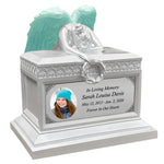 Weeping Angel Pearl White Photo Child Cremation Urn - Custom Wings & Plate Engraving - Beautiful Mourning Angel