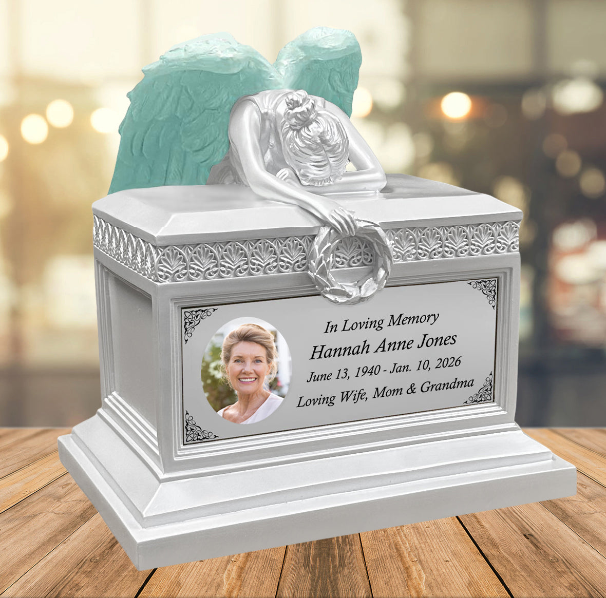 Weeping Angel Photo Pearl White Adult Cremation Urn - Custom Plate and Wings - Beautiful Mourning Angel