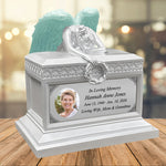 Weeping Angel Photo Pearl White Adult Cremation Urn - Custom Plate and Wings - Beautiful Mourning Angel