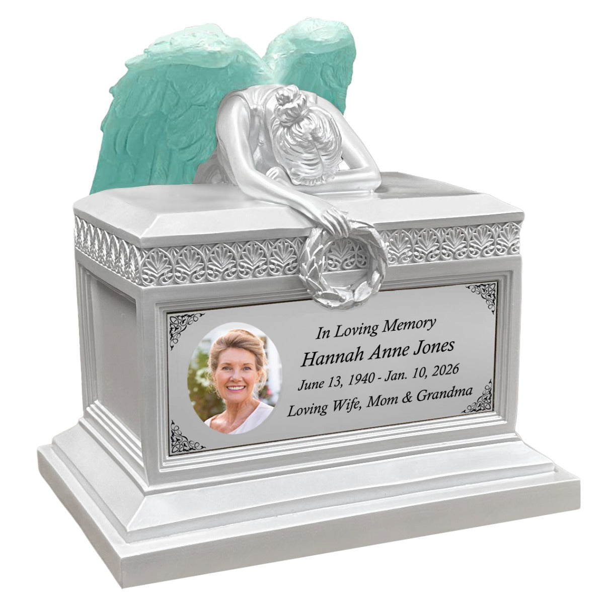 Weeping Angel Photo Pearl White Adult Cremation Urn - Custom Plate and Wings - Beautiful Mourning Angel