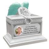 Weeping Angel Photo Pearl White Adult Cremation Urn - Custom Plate and Wings - Beautiful Mourning Angel