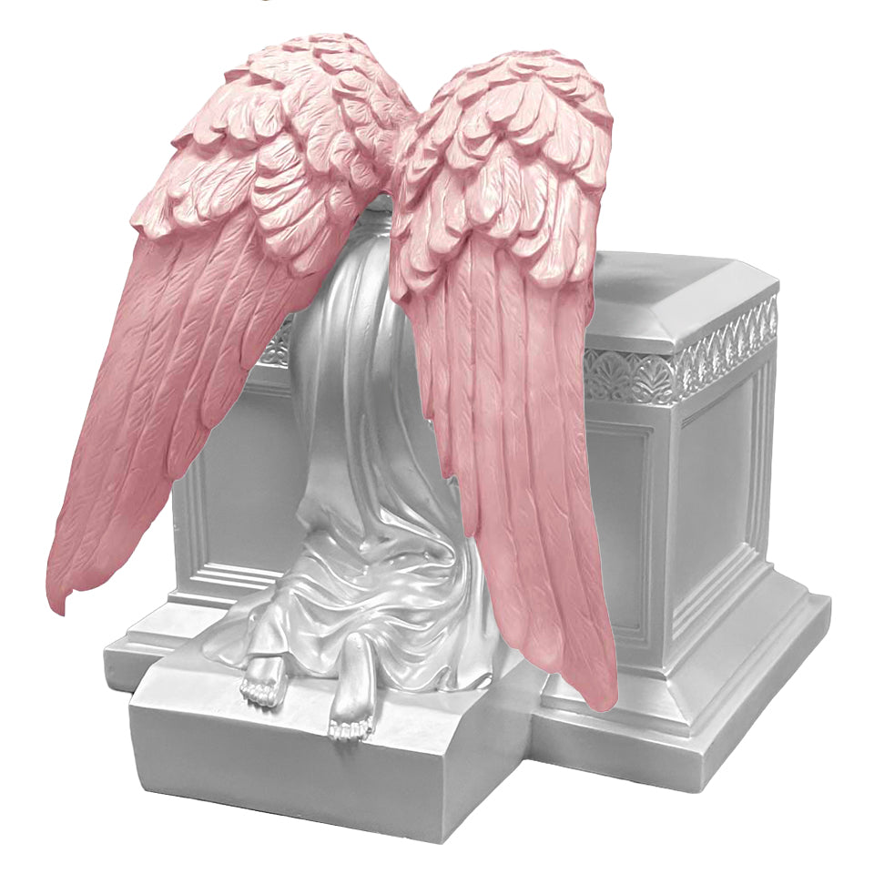 Weeping Angel Photo Pearl White Adult Cremation Urn - Custom Plate and Wings - Beautiful Mourning Angel
