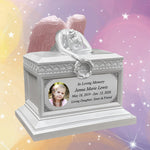 Weeping Angel Pearl White Photo Child Cremation Urn - Custom Wings & Plate Engraving - Beautiful Mourning Angel