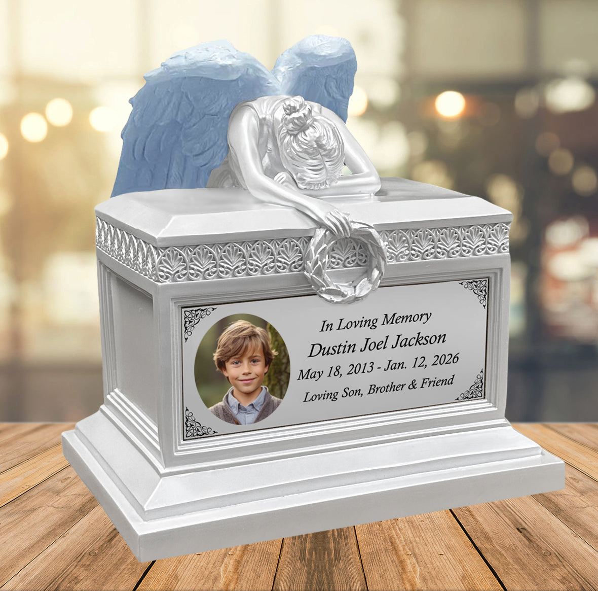 Weeping Angel Pearl White Photo Child Cremation Urn - Custom Wings & Plate Engraving - Beautiful Mourning Angel