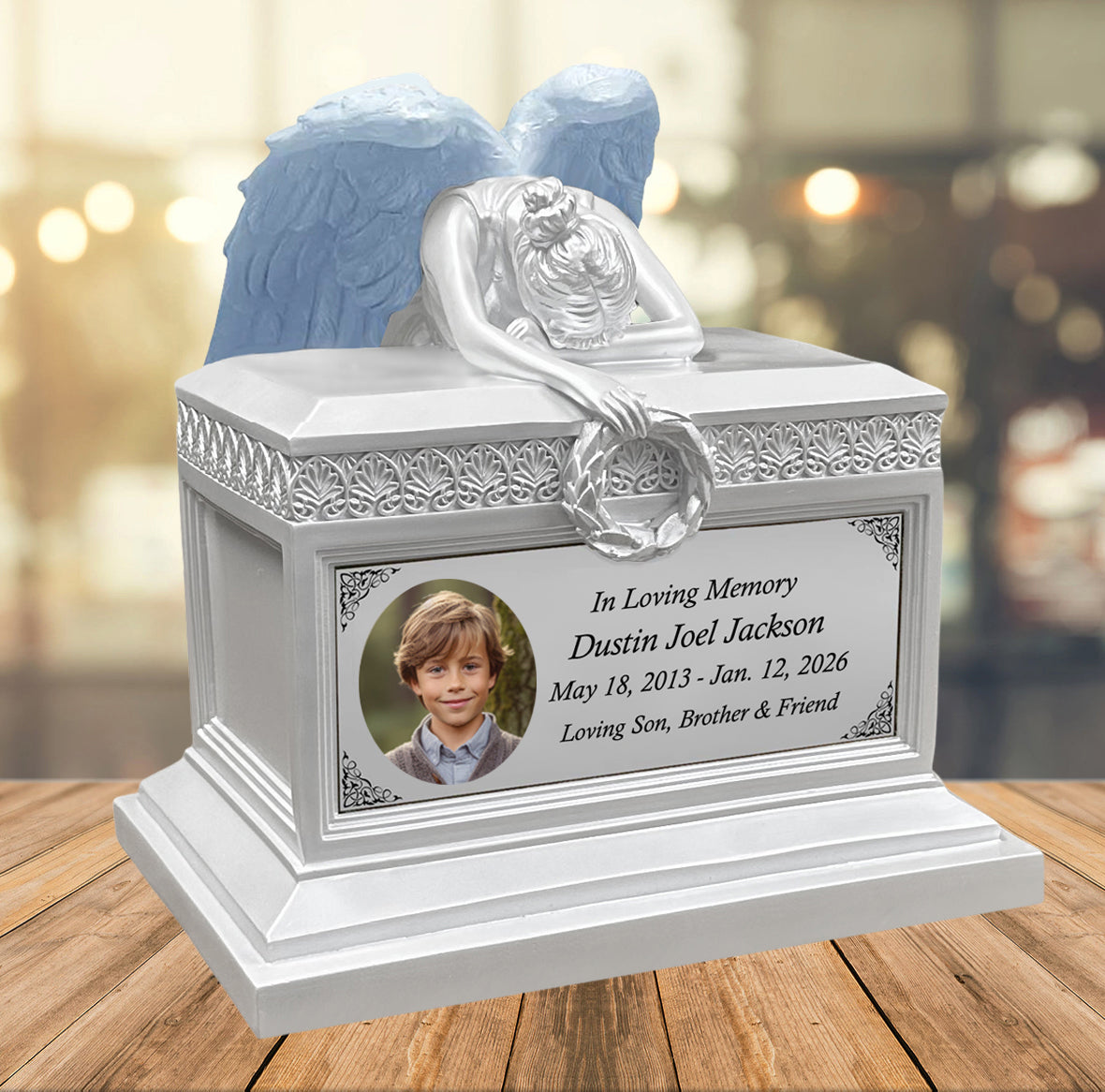 Weeping Angel Pearl White Photo Child Cremation Urn - Custom Wings & Plate Engraving - Beautiful Mourning Angel