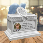 Weeping Angel Pearl White Photo Child Cremation Urn - Custom Wings & Plate Engraving - Beautiful Mourning Angel