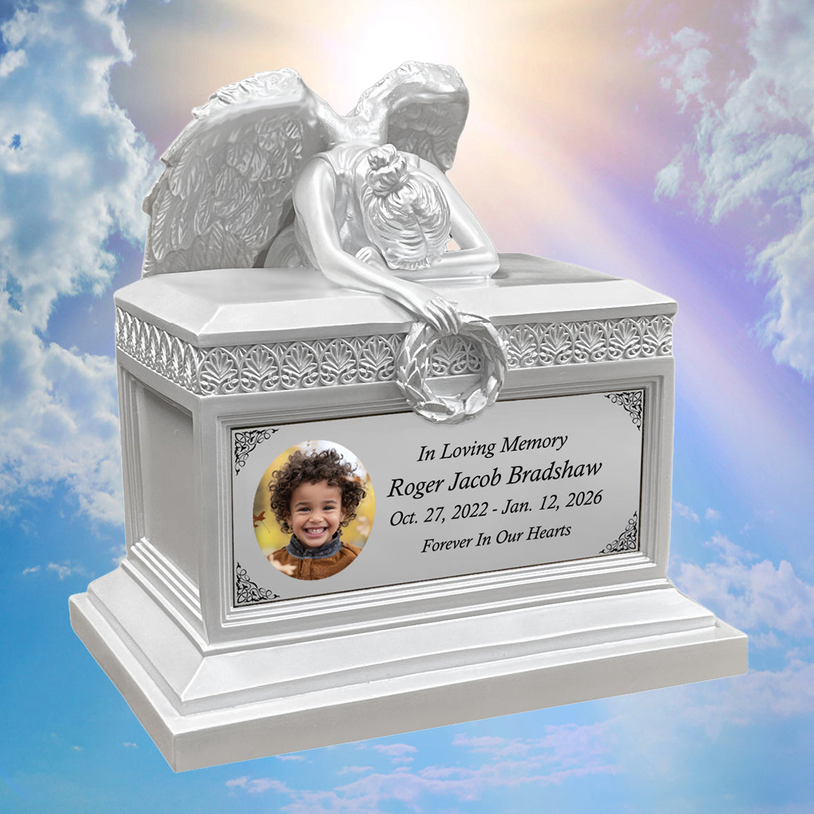 Weeping Angel Pearl White Photo Child Cremation Urn - Custom Wings & Plate Engraving - Beautiful Mourning Angel