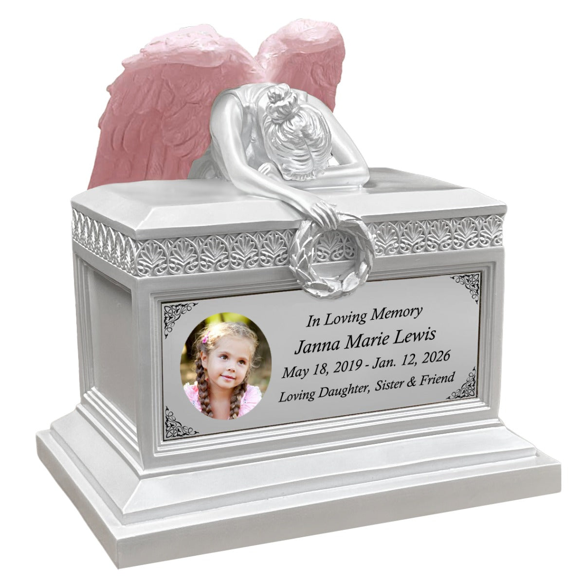 Weeping Angel Pearl White Photo Child Cremation Urn - Custom Wings & Plate Engraving - Beautiful Mourning Angel