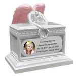 Weeping Angel Pearl White Photo Child Cremation Urn - Custom Wings & Plate Engraving - Beautiful Mourning Angel
