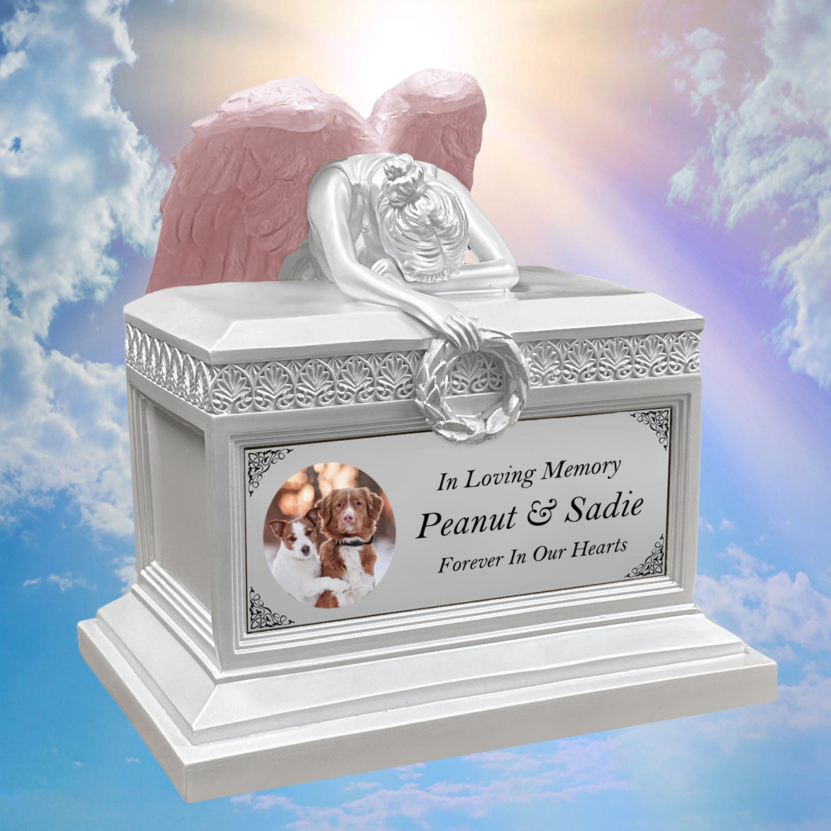 Weeping Angel Pearl White Photo Pet Cremation Urn - Custom Wings & Plate Engraving - Beautiful Mourning Angel