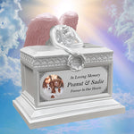 Weeping Angel Pearl White Photo Pet Cremation Urn - Custom Wings & Plate Engraving - Beautiful Mourning Angel