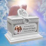 Weeping Angel Pearl White Photo Pet Cremation Urn - Custom Wings & Plate Engraving - Beautiful Mourning Angel