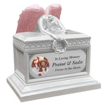 Weeping Angel Pearl White Photo Pet Cremation Urn - Custom Wings & Plate Engraving - Beautiful Mourning Angel