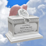Weeping Angel Pearl White Adult Cremation Urn - Custom Plate and Wings - Beautiful Mourning Angel