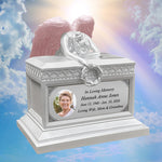 Weeping Angel Photo Pearl White Adult Cremation Urn - Custom Plate and Wings - Beautiful Mourning Angel
