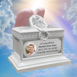 Weeping Angel Photo Pearl White Adult Cremation Urn - Custom Plate and Wings - Beautiful Mourning Angel