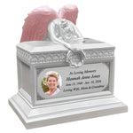 Weeping Angel Photo Pearl White Adult Cremation Urn - Custom Plate and Wings - Beautiful Mourning Angel