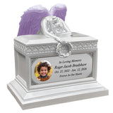 Weeping Angel Pearl White Photo Child Cremation Urn - Custom Wings & Plate Engraving - Beautiful Mourning Angel