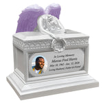 Weeping Angel Photo Pearl White Adult Cremation Urn - Custom Plate and Wings - Beautiful Mourning Angel