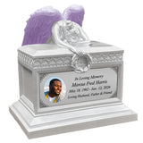 Weeping Angel Photo Pearl White Adult Cremation Urn - Custom Plate and Wings - Beautiful Mourning Angel