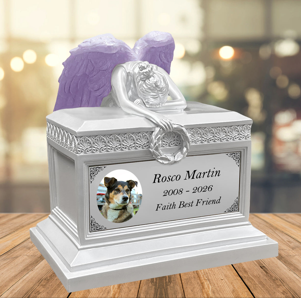 Weeping Angel Pearl White Photo Pet Cremation Urn - Custom Wings & Plate Engraving - Beautiful Mourning Angel