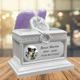 Weeping Angel Pearl White Photo Pet Cremation Urn - Custom Wings & Plate Engraving - Beautiful Mourning Angel