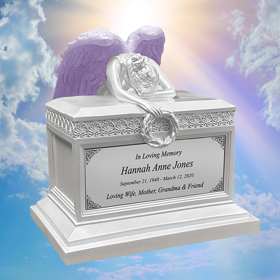 Weeping Angel Pearl White Adult Cremation Urn - Custom Plate and Wings - Beautiful Mourning Angel