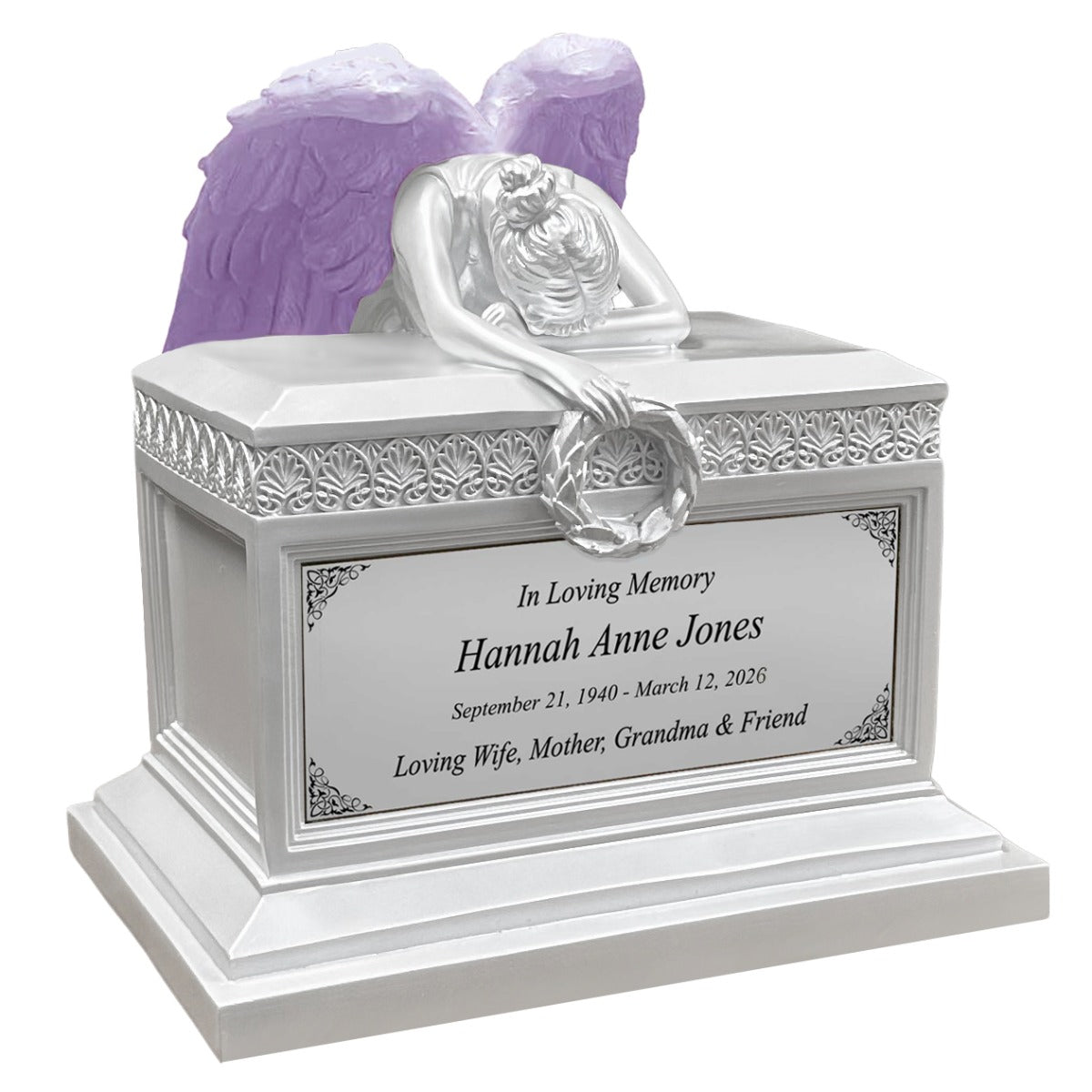 Weeping Angel Pearl White Adult Cremation Urn - Custom Plate and Wings - Beautiful Mourning Angel
