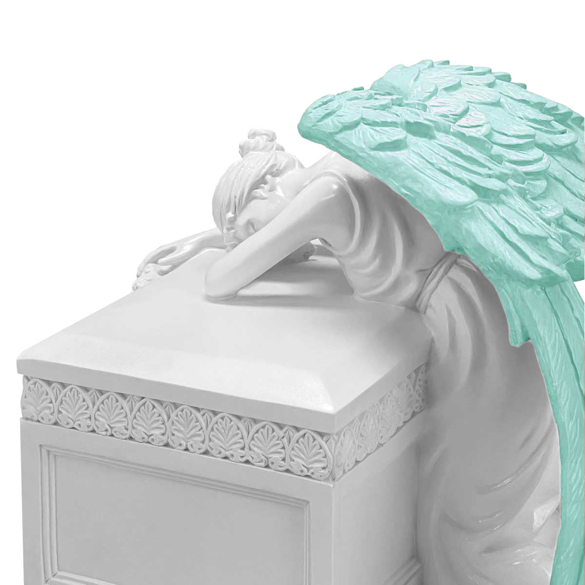 Weeping Angel Photo Pearl White Adult Cremation Urn - Custom Plate and Wings - Beautiful Mourning Angel