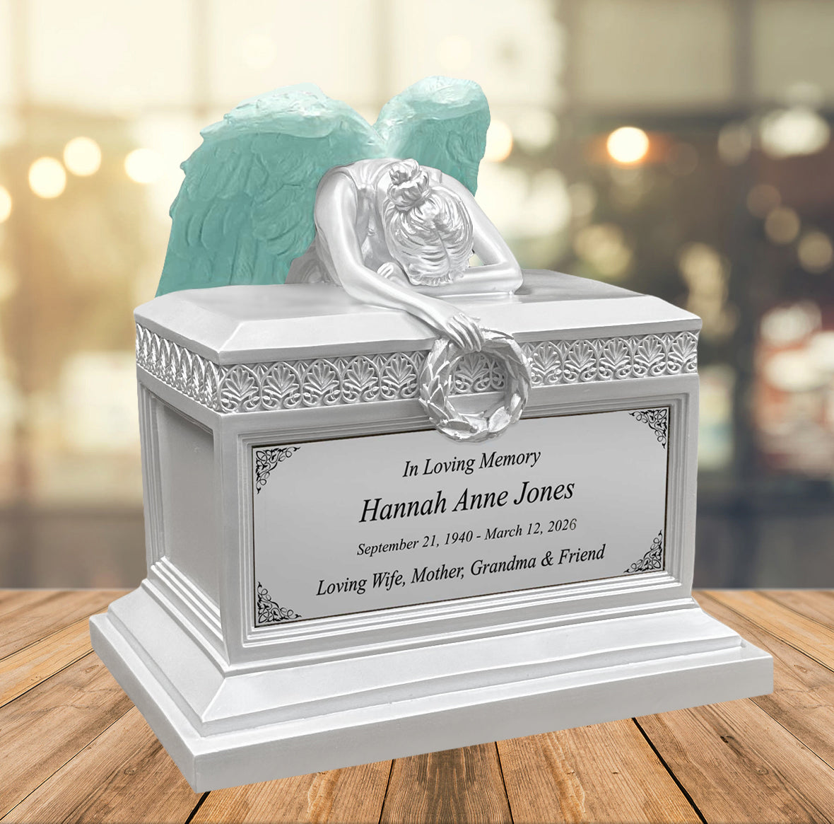 Weeping Angel Pearl White Adult Cremation Urn - Custom Plate and Wings - Beautiful Mourning Angel