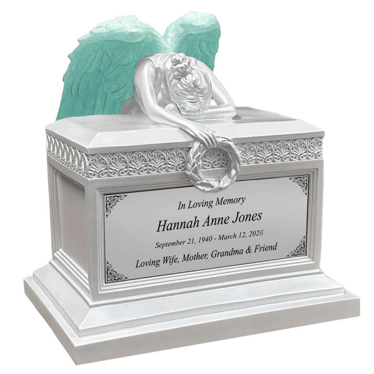Weeping Angel Pearl White Adult Cremation Urn - Custom Plate and Wings - Beautiful Mourning Angel