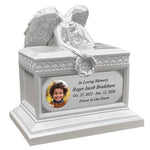 Weeping Angel Pearl White Photo Child Cremation Urn - Custom Wings & Plate Engraving - Beautiful Mourning Angel