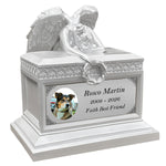 Weeping Angel Pearl White Photo Pet Cremation Urn - Custom Wings & Plate Engraving - Beautiful Mourning Angel