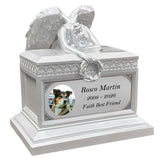 Weeping Angel Pearl White Photo Pet Cremation Urn - Custom Wings & Plate Engraving - Beautiful Mourning Angel