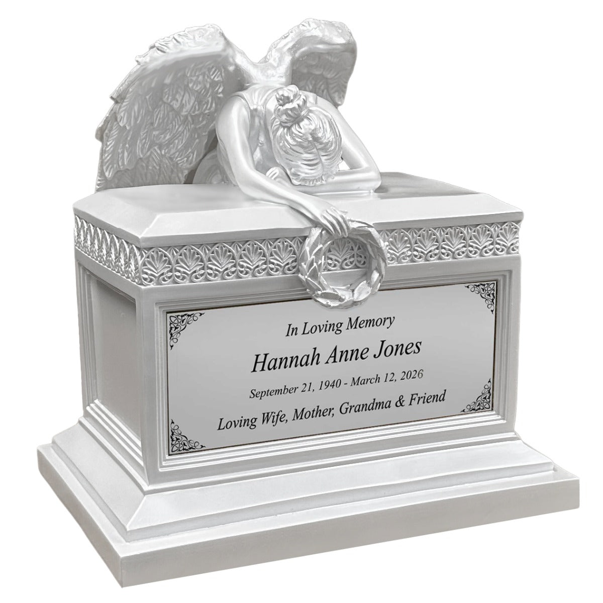 Weeping Angel Pearl White Adult Cremation Urn - Custom Plate and Wings - Beautiful Mourning Angel