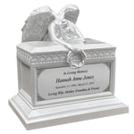 Weeping Angel Pearl White Adult Cremation Urn - Custom Plate and Wings - Beautiful Mourning Angel