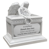 Weeping Angel Pearl White Adult Cremation Urn - Custom Plate and Wings - Beautiful Mourning Angel