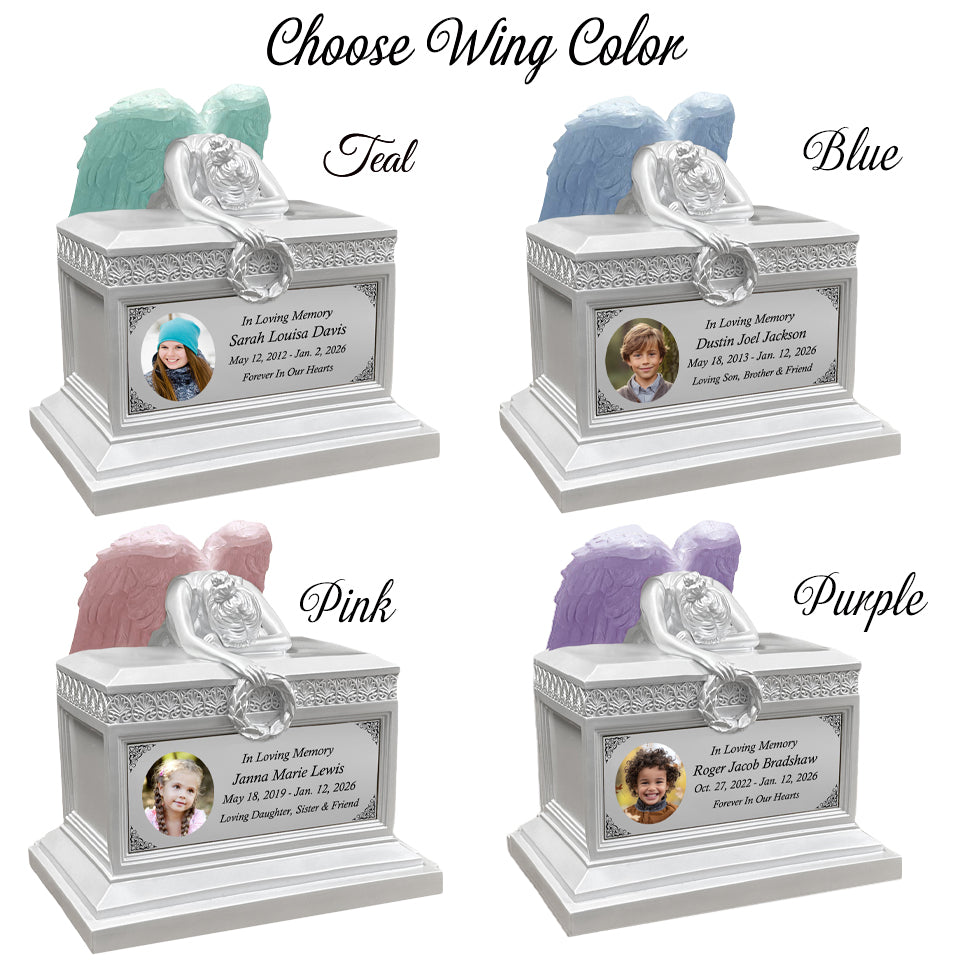 Weeping Angel Pearl White Photo Child Cremation Urn - Custom Wings & Plate Engraving - Beautiful Mourning Angel