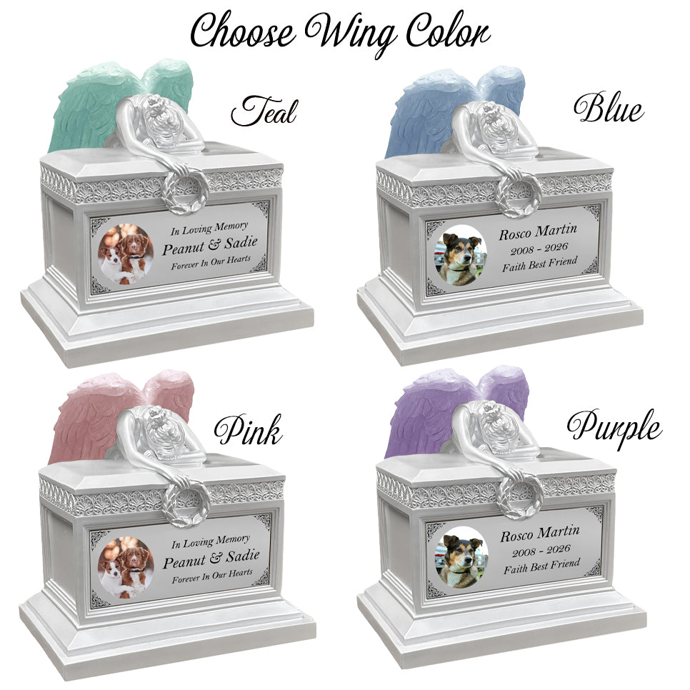 Weeping Angel Pearl White Photo Pet Cremation Urn - Custom Wings & Plate Engraving - Beautiful Mourning Angel