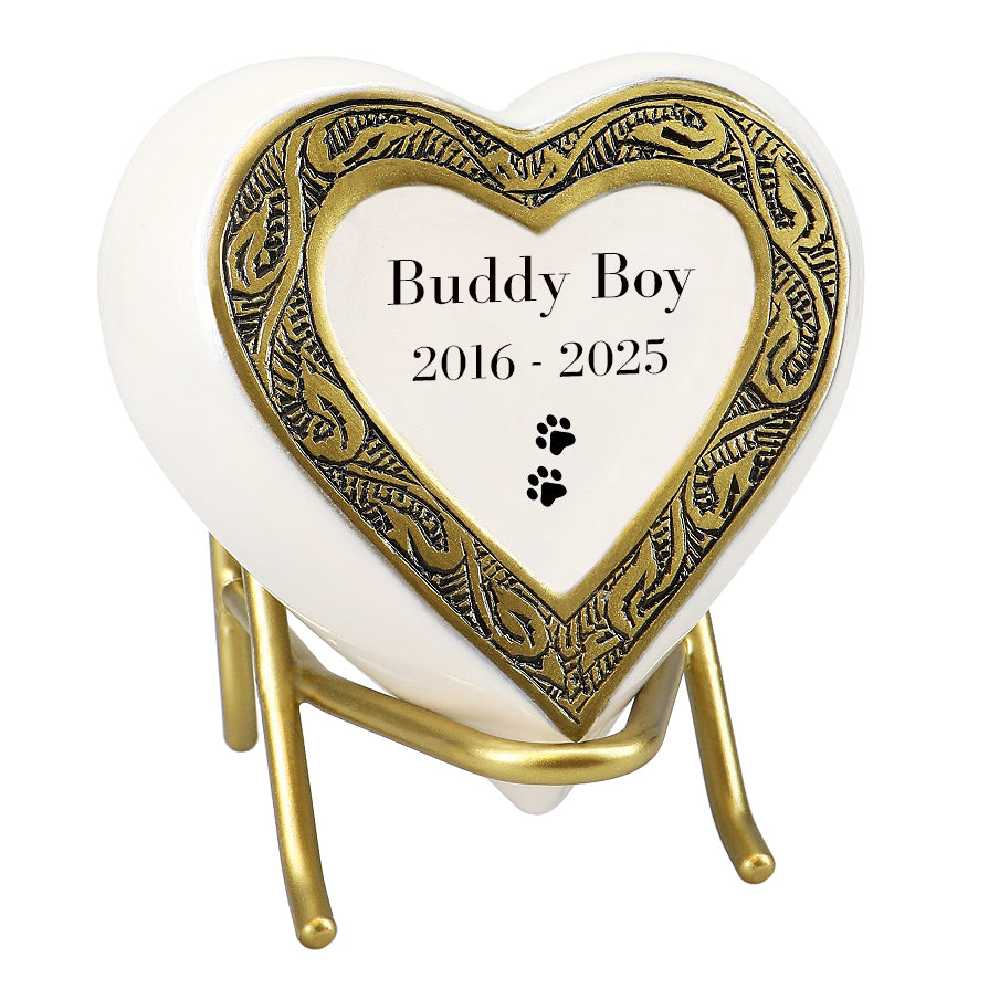 Small Cat Golden Heart Photo or Paw Prints Urn - Brass Urn - Free Golden Stand