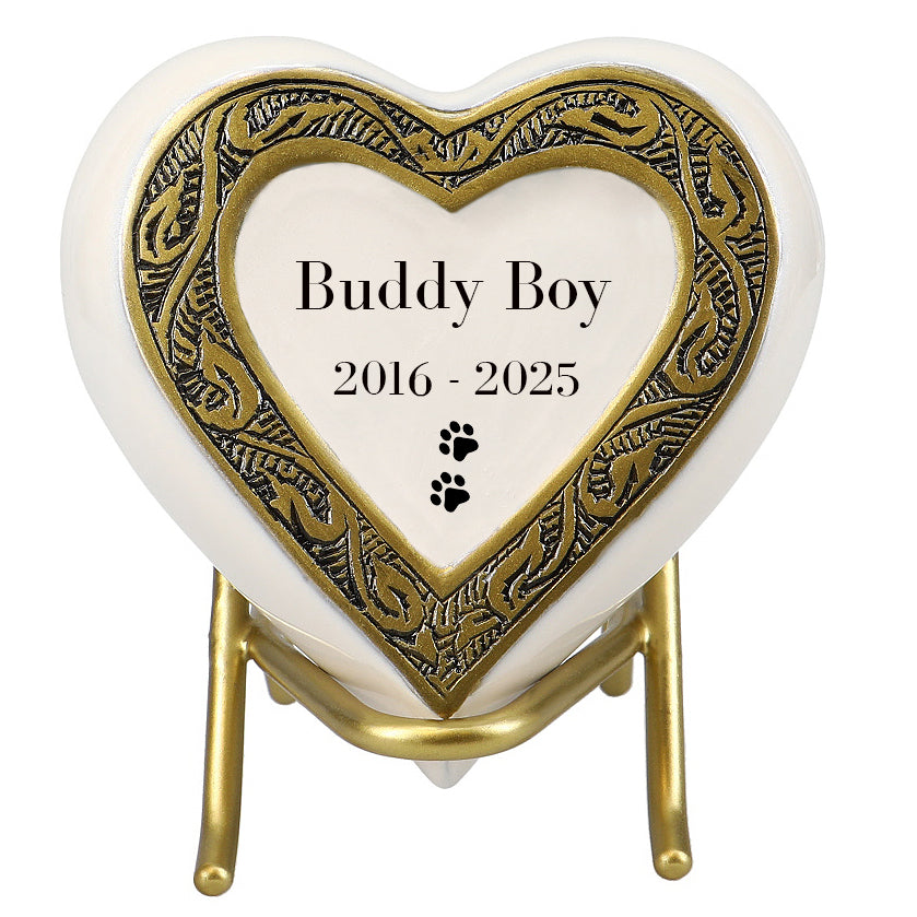 Small Cat Golden Heart Photo or Paw Prints Urn - Brass Urn - Free Golden Stand