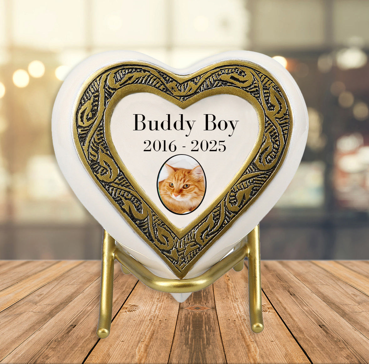 Small Cat Golden Heart Photo or Paw Prints Urn - Brass Urn - Free Golden Stand